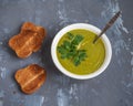 Soup mashed green peas in a deep white plate with fresh sprigs of parsley, a spoon and a few fried toast Royalty Free Stock Photo