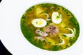 Soup with meat, quail eggs and noodles
