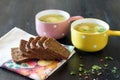 Soup with meatballs in colorful bowl with slices of grain bread Royalty Free Stock Photo