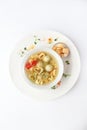 Soup with meatballs and noodles. Children's menu. Vertical photo.Flat lay. Top view. Copy space. Isolated object. Royalty Free Stock Photo