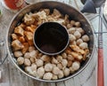 Soup meatballs, tofu and dumplings in the pot Royalty Free Stock Photo