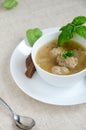 Soup meatballs white plate basil bread Royalty Free Stock Photo