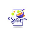 Soup Menu, vector logo template with image of cartoon bowl, spoon silhouette and green leaves Royalty Free Stock Photo