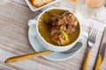 Soup with mushroom, pork, vegetables and pearl barley Royalty Free Stock Photo