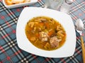 Soup with mushroom, pork, vegetables and pearl barley