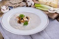 Soup with mushrooms and green onion and cheese. Vintage ceramics. Wooden background. Family home lunch. Free space for text.