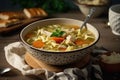 Delicious and healthy chicken noodle soup on a rustic table