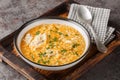 Soup with pastina pasta, chicken, vegetables and cheese close-up in a bowl on a wooden board. Horizontal Royalty Free Stock Photo