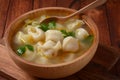 Soup with pelmeni russian dumplings.