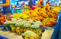 The soup in plastic packs and deep fried fish in Tanin market, Chiang Mai, Thailand Royalty Free Stock Photo