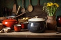 soup pot on a wooden table with vintage cookware