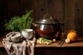 soup pot on a wooden table with vintage cookware