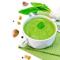 Soup puree with croutons in bowl on napkin Royalty Free Stock Photo