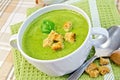 Soup puree with croutons and spinach on napkin Royalty Free Stock Photo