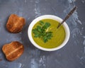 Soup puree of green peas in a deep white plate with fresh sprigs of parsley, spoon and fried toast on a gray background Royalty Free Stock Photo
