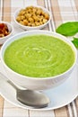 Soup puree with spinach and croutons on fabric Royalty Free Stock Photo