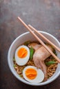 Soup Ramen noodle with chicken wing and bamboo sticks Royalty Free Stock Photo