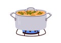 Soup in saucepan, cook process on gas cooker. Sauce pan, pot with liquid meal, cooking on stove burner. Metal stockpot