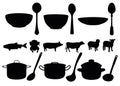 Set of soup from meat and fish products. Vector image.