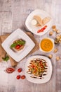 Soup, shawarma salad covered dining table Royalty Free Stock Photo