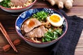 Soup with soba noodles, beef, ginger, green onions and egg. Royalty Free Stock Photo