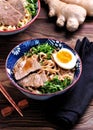 Soup with soba noodles, beef, ginger, green onions and egg. Royalty Free Stock Photo