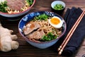 Soup with soba noodles, beef, ginger, green onions and egg. Royalty Free Stock Photo