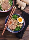 Soup with soba noodles, beef, ginger, green onions and egg. Royalty Free Stock Photo