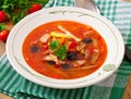 Soup solyanka Russian with meat, olives and gherkins Royalty Free Stock Photo