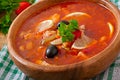 Soup solyanka Russian with meat, olives and gherkins Royalty Free Stock Photo