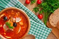 Soup solyanka Russian with meat, olives and gherkins Royalty Free Stock Photo