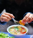 Soup with tofu and chicken with squeeze of lemon