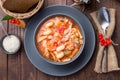 Soup with turkey, pasta, carrot, celery, tomato and cannellini beans, garnished with parmesan cheese, on the table with autumn