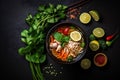 soup vegetable asian choi hot japanese pak bowl meal food noodle background. Generative AI.