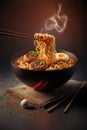 Soup in white ceramic bowl with rice noodles, beef slices and herbs. concept of Asian food, side view. Generative AI Royalty Free Stock Photo