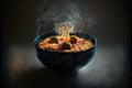 Soup in white ceramic bowl with rice noodles, beef slices and herbs. concept of Asian food, side view. Generative AI Royalty Free Stock Photo