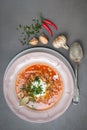 Soup with young cabbage and tomatoes. Russian kitchen.