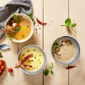 Soups in ceramic bowls top view Royalty Free Stock Photo