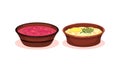 Soups Served in Ceramic Bowl and Garnished with Potherb Vector Set