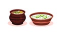 Soups Served in Ceramic Bowl or Pot and Garnished with Potherb Vector Set