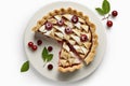 Sour Cherry Pie On Plate, White Background. Generative AI