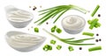 Sour cream and chives isolated on white background, green onion with sour cream sauce