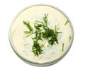 sour cream with dill in glass bowl isolated on white background. top view Royalty Free Stock Photo