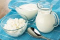 Sour cream in gravy boat, milk in jug, cottage cheese in bowl, spoon on napkin on table