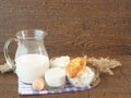 Sour cream, milk, cheese, egg, yogurt on wooden background