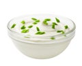 Sour cream with onion in bowl, isolated Royalty Free Stock Photo