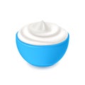 White cream in blue bowl, yoghurt, mayonnaise or sour cream, vector dairy products