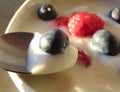 Yogurt and berries with a spoon, close up. Royalty Free Stock Photo