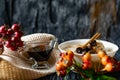 Sour-milk yogurt dessert, with thermostatic cooking, decorated with ripe cherry berries in syrup, on a dark background with jam in Royalty Free Stock Photo