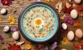 Sour Polish Easter soup, zurek with sausage, hard-boiled egg and vegetables in a ceramic bowl. View from above. Wooden background